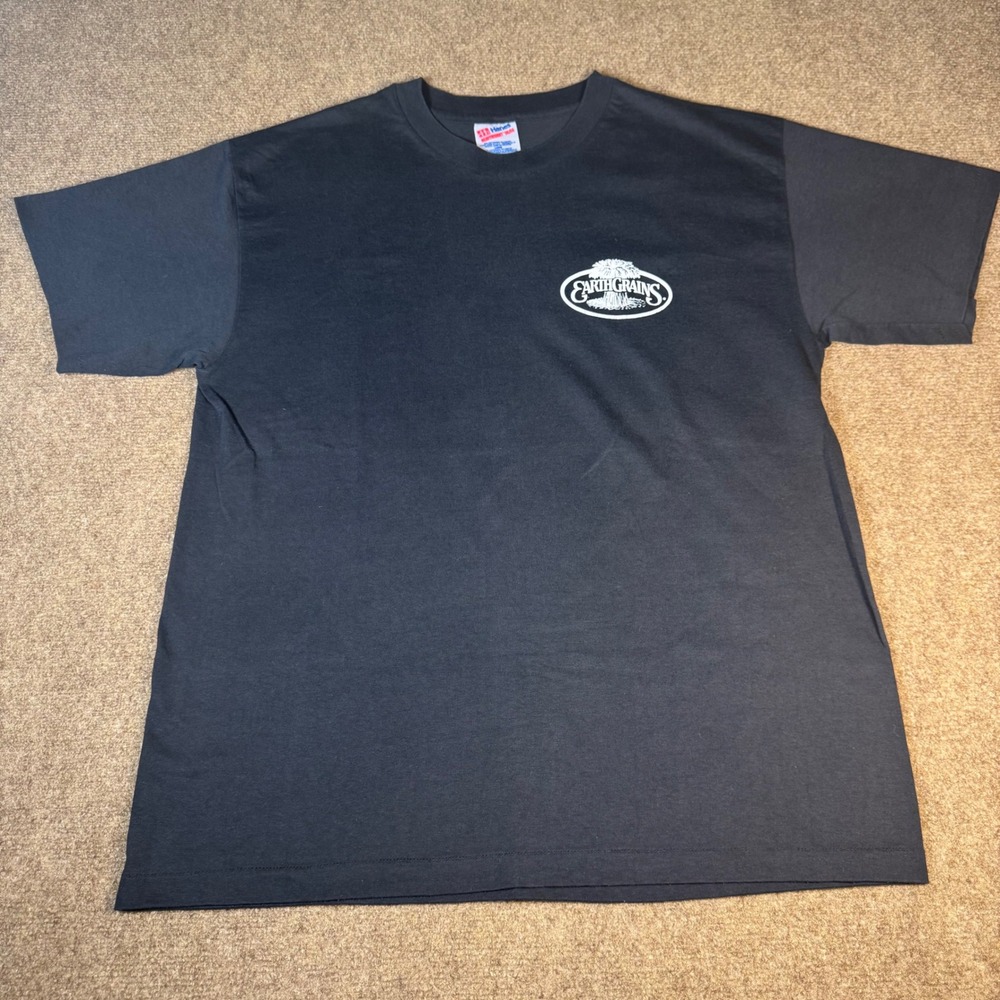 Vintage 90s EarthGrains Promo T Shirt Size Large Hanes Heavyweight Black USA